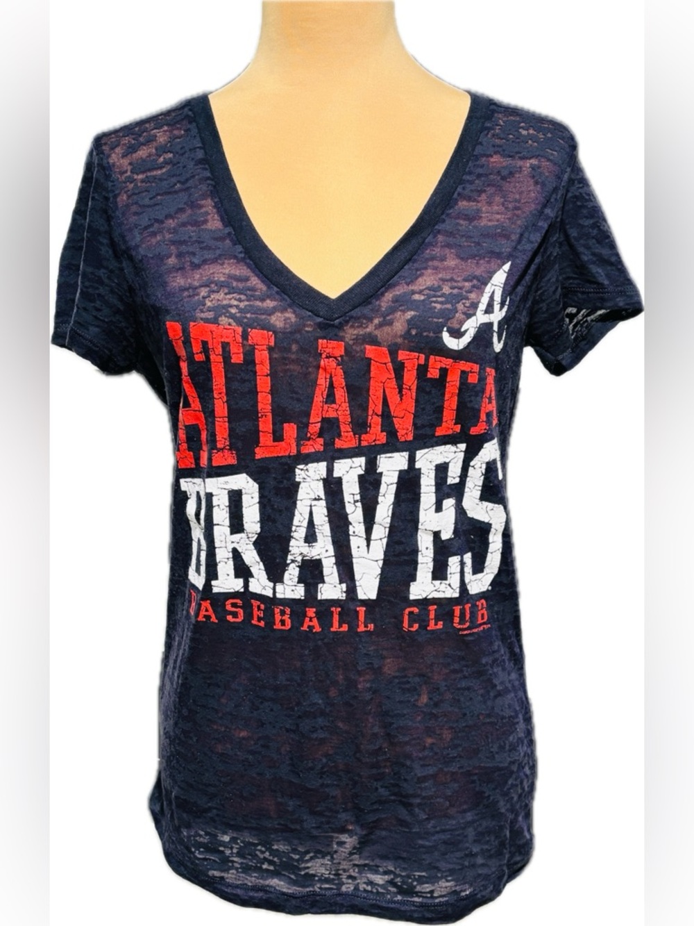 Atlanta Braves Burnout V-Neck Tee - Midnight Blue with Red & White Graphics